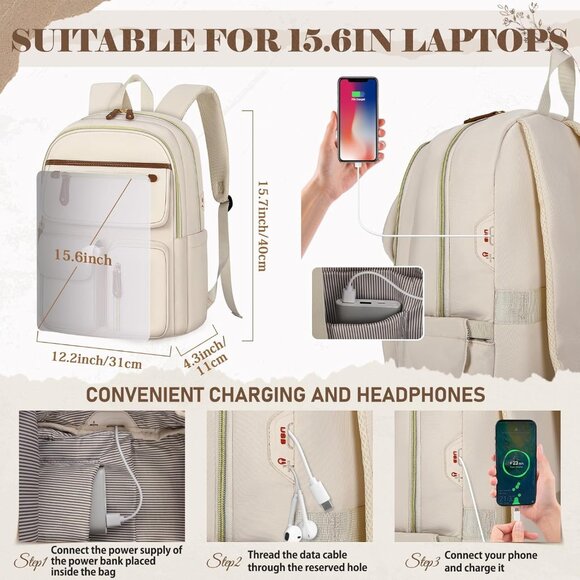 Women's Beige 15.6in Waterproof Work Travel Backpacks With Usb Charger Port - Picture 3 of 6